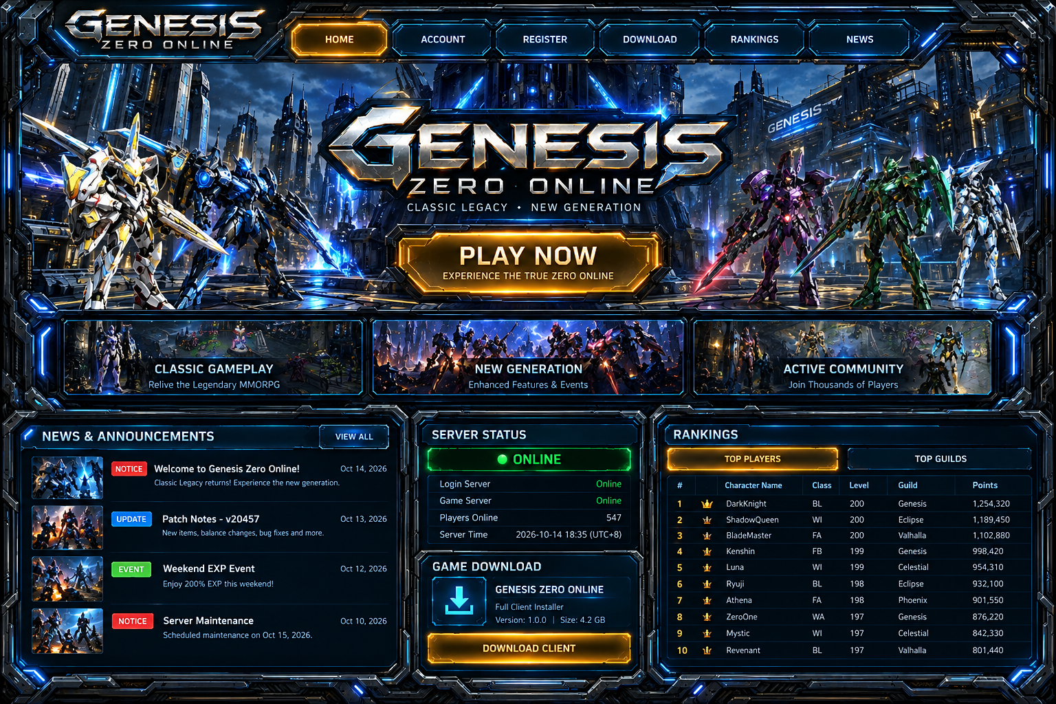 Genesis Zero Online homepage